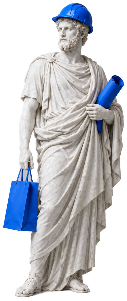 Estatua de un hombre con casco de obra, bolsa de compras y un plano enrollado, todo en Azul Pixel
