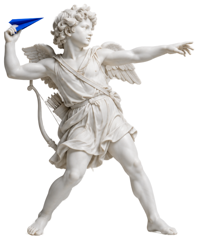 Estatua de Cupido que apunta con su arco y una flecha Azul Pixel