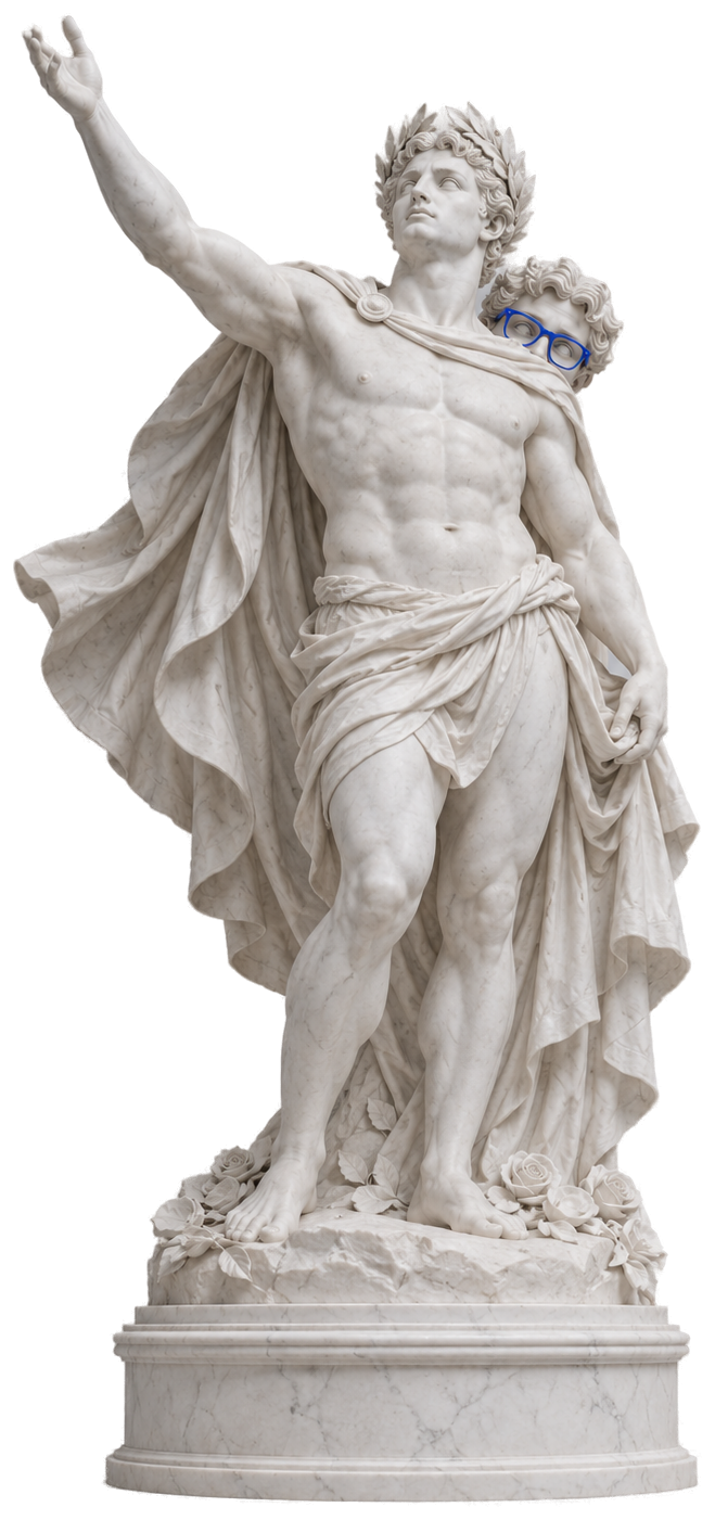 Estatua romana con los brazos en alto; detrás de su hombro se asoma un desarrollador escondido con lentes Azul Pixel