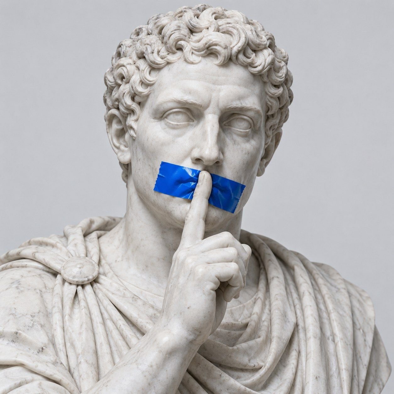 Busto romano con cinta Azul Pixel en la boca que pide silencio con el dedo