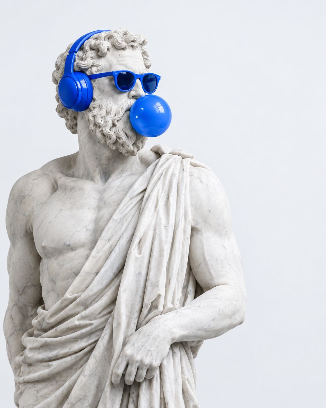 Estatua clásica de mármol con audífonos, lentes de sol y una bomba de chicle en Azul Pixel