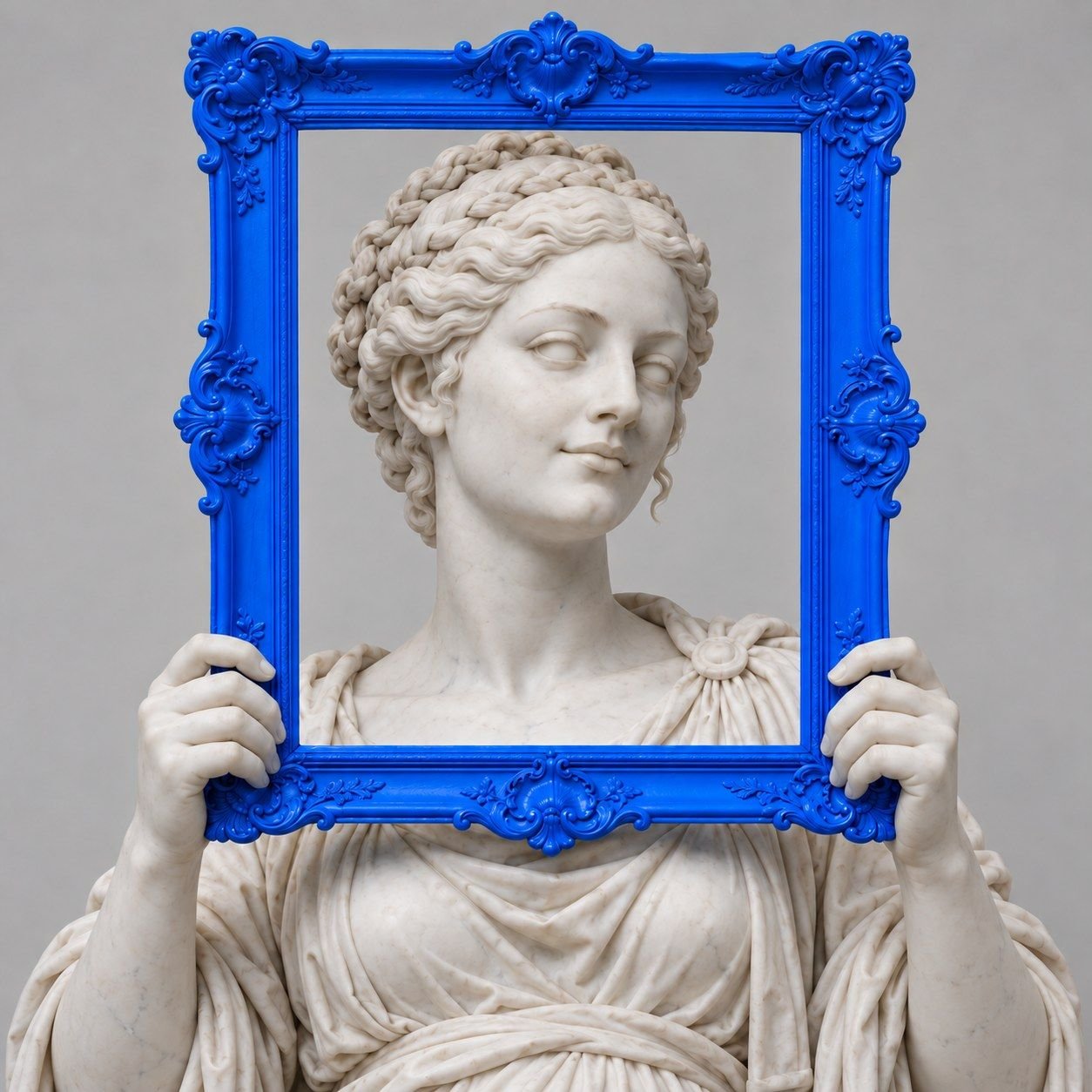 Estatua de una mujer que sostiene un marco barroco Azul Pixel frente a su rostro