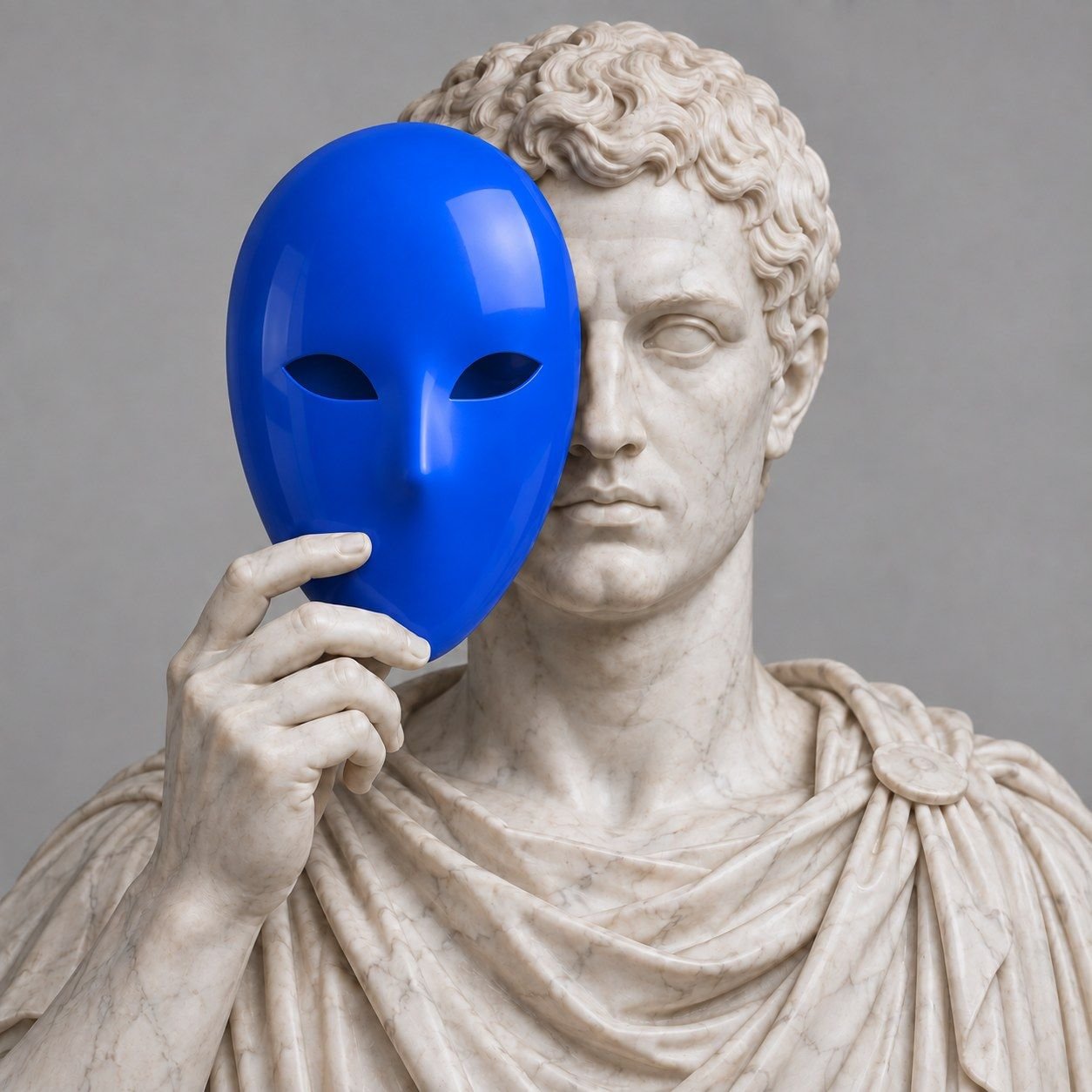 Busto romano que se cubre media cara con una máscara Azul Pixel