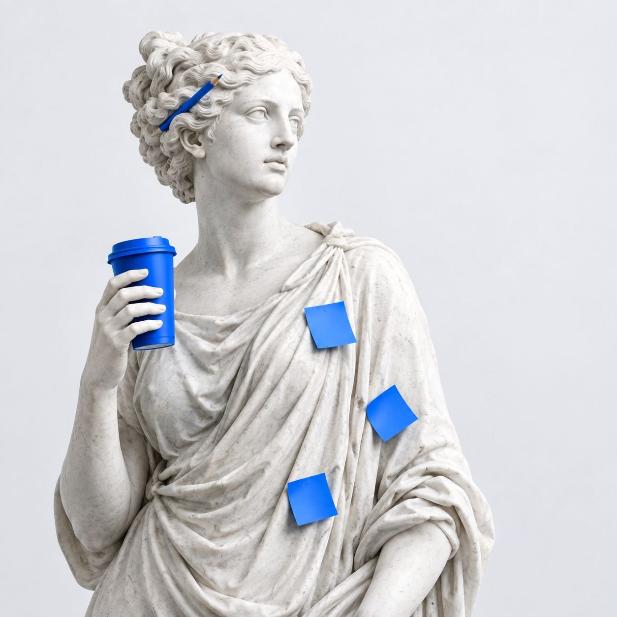 Estatua clásica de una musa con un vaso de café, notas adhesivas y un lápiz en Azul Pixel