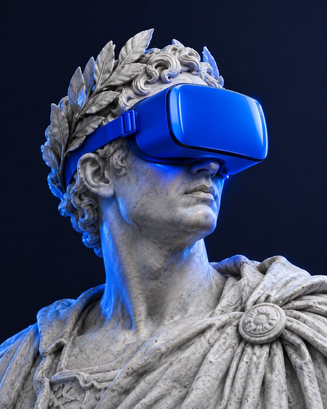 Busto de mármol de un emperador romano con corona de laurel y un visor de realidad virtual Azul Pixel