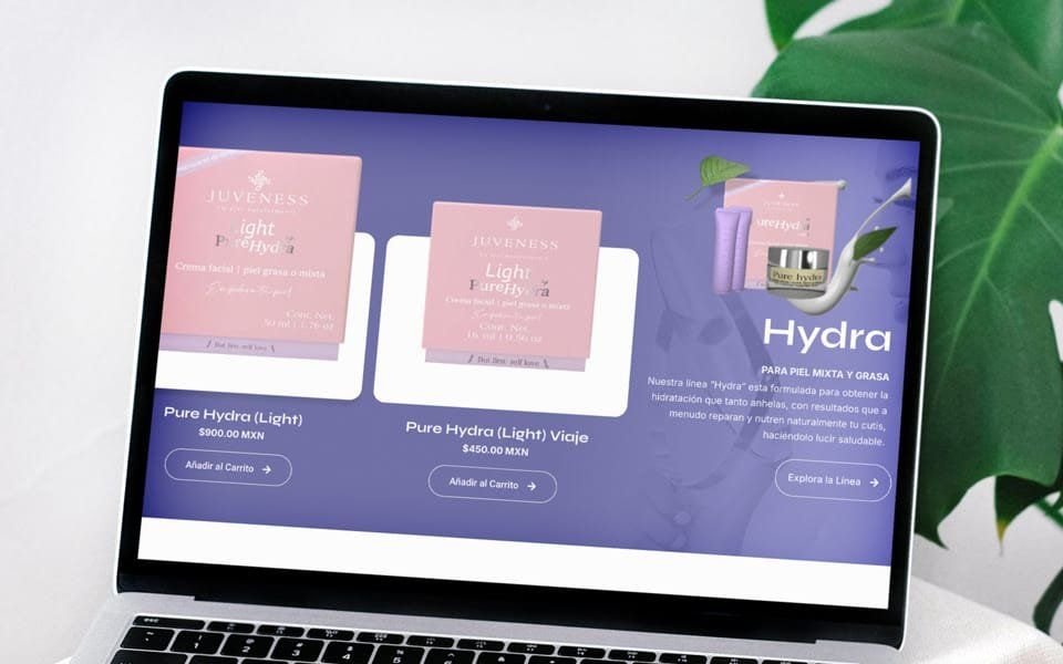 Laptop con la página de la línea Hydra y sus tres productos