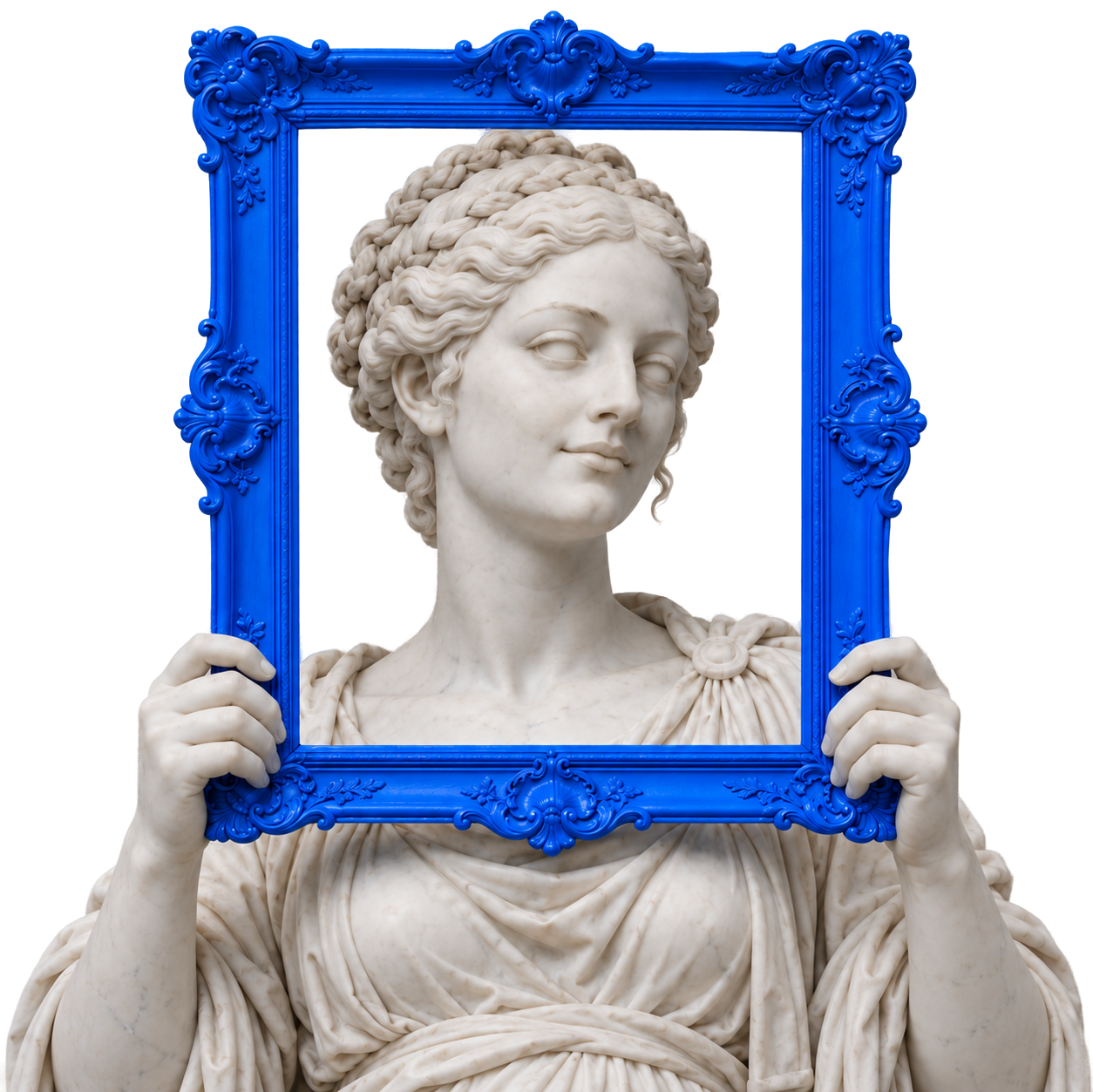 Estatua de una mujer que sostiene un marco barroco Azul Pixel frente a su rostro