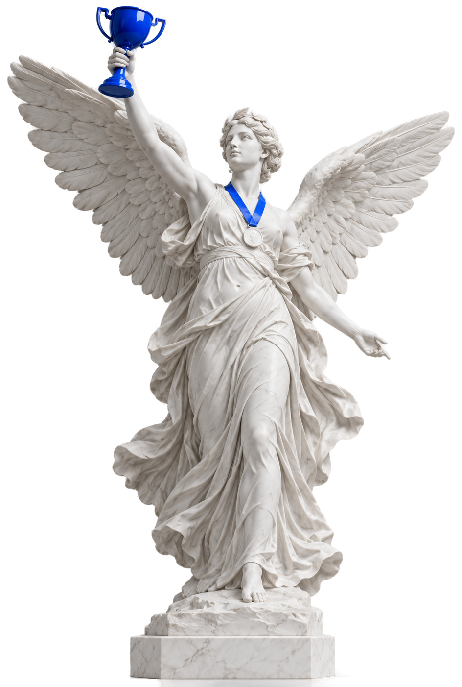 Estatua de la Victoria alada levantando un trofeo Azul Pixel, con una medalla al cuello