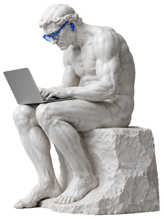 Estatua de El Pensador trabajando en una laptop, con lentes y audífonos Azul Pixel