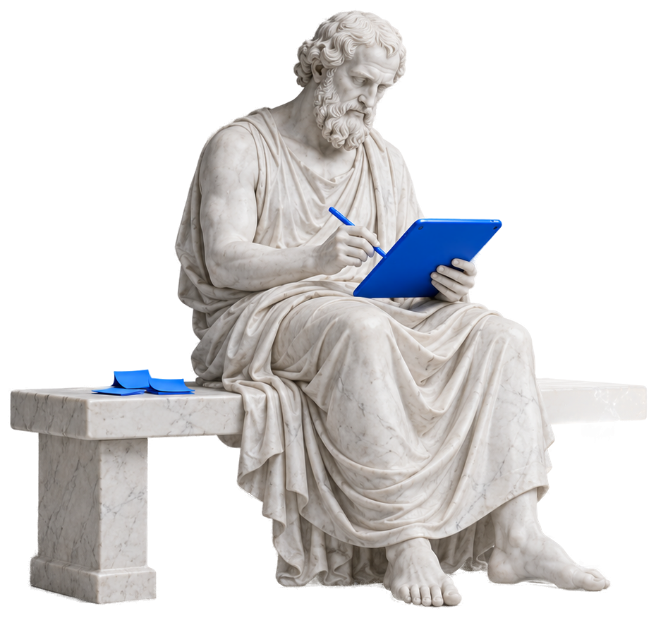 Estatua de un sabio sentado en una banca que dibuja en una tableta Azul Pixel con un lápiz digital