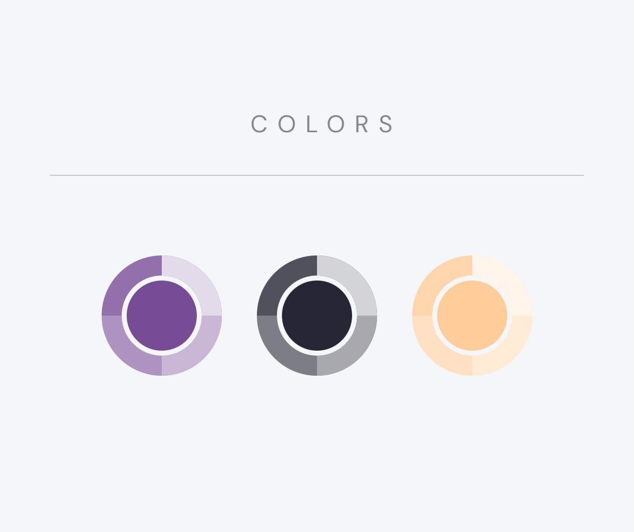 Paleta de color de Juveness: morado, gris oscuro y durazno