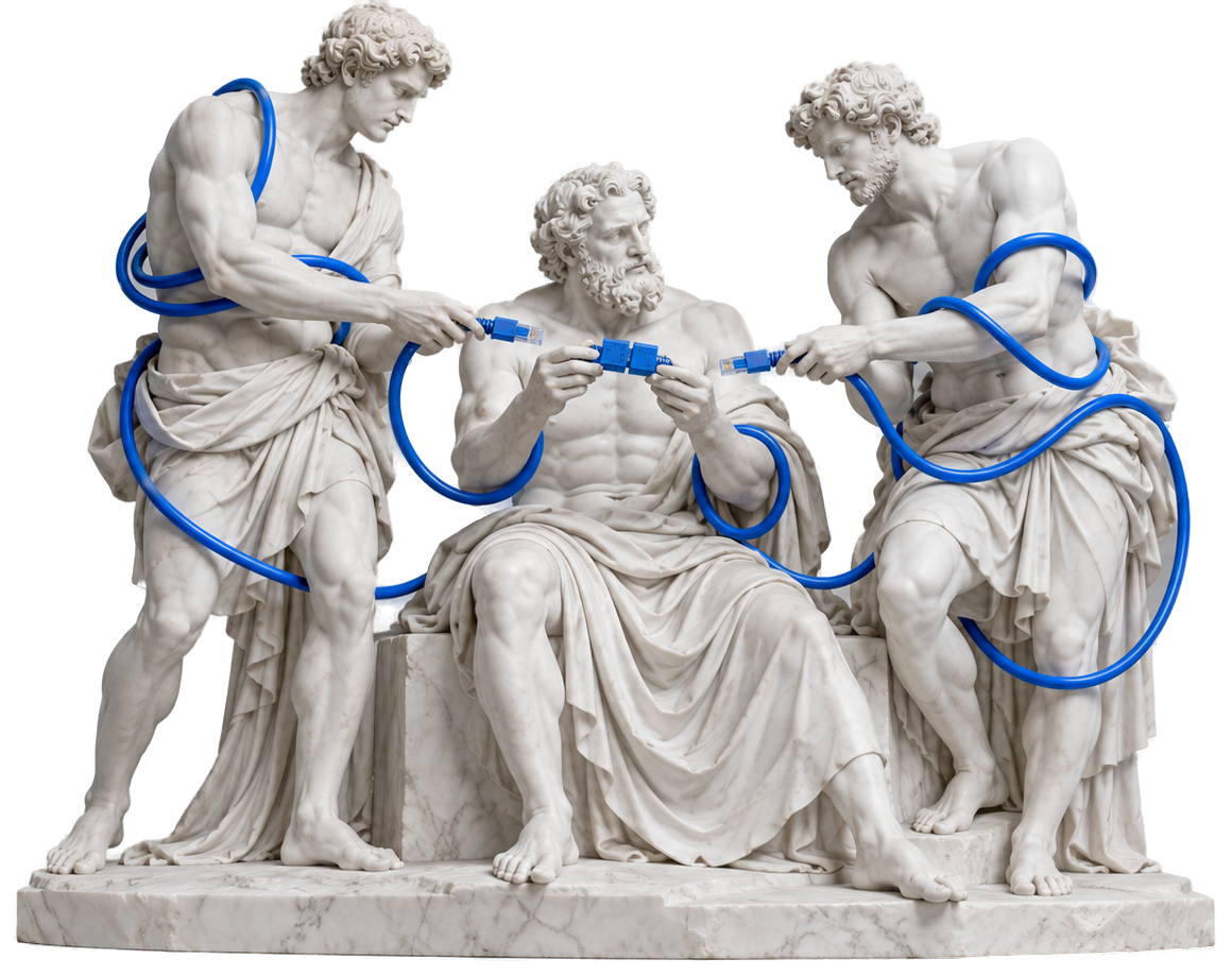 Tres estatuas clásicas que conectan entre sí cables de red Azul Pixel